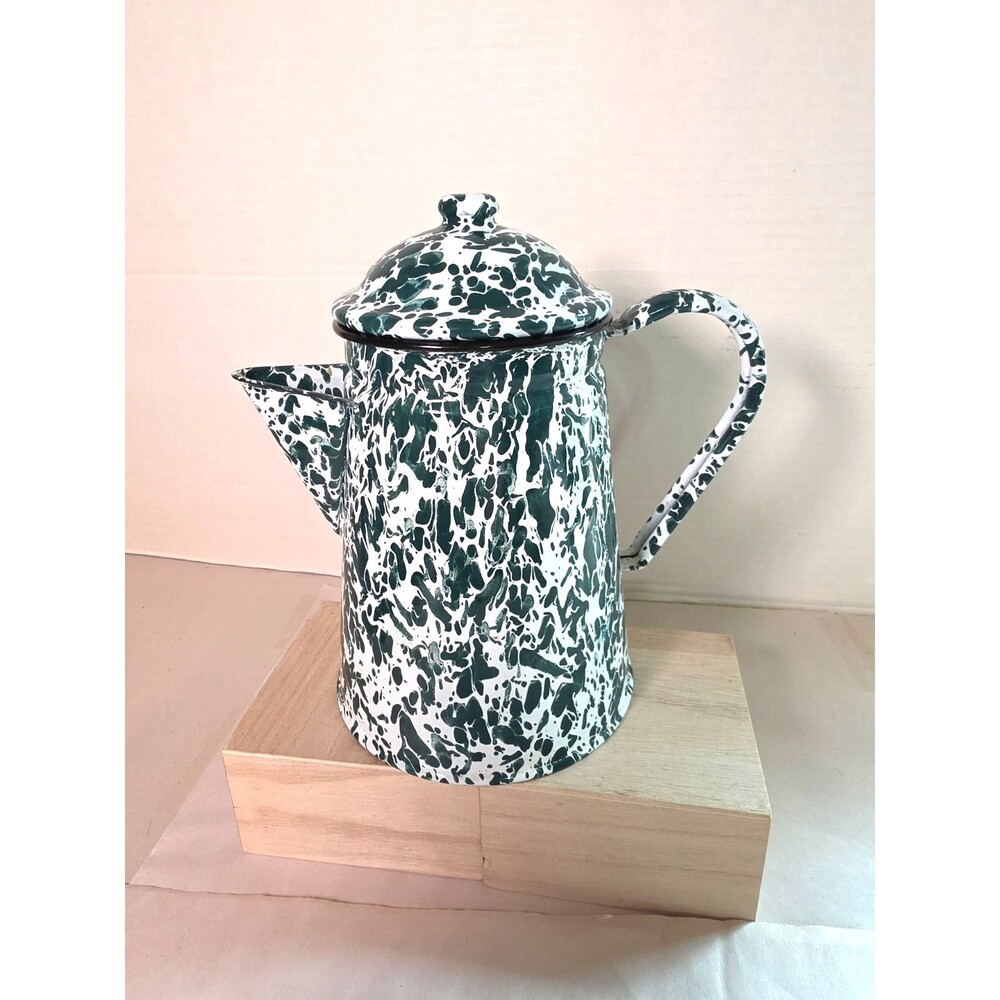Vintage 6 Pc. Green & White Swirl Enamelware Set Coffee Pot Tray Sugar Creamer - Picture 4 of 11